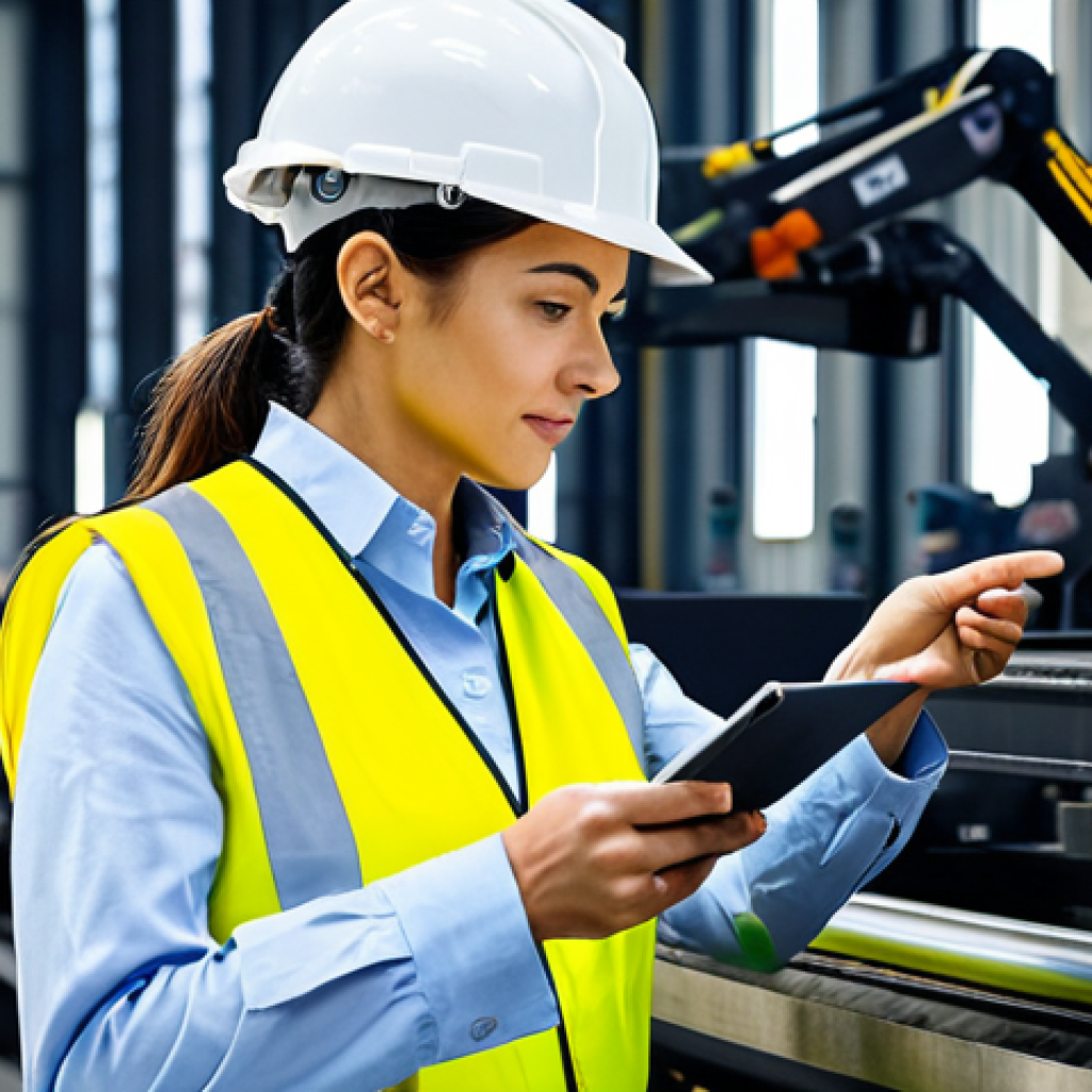 **

A professional female engineer, fully clothed in appropriate attire, wearing a hard hat and safety vest, inspecting machinery in a modern factory setting. The scene is well-lit with a focus on detail and clarity. Perfect anatomy, correct proportions, natural pose, well-formed hands, proper finger count, natural body proportions. Safe for work, appropriate content, professional, modest, family-friendly. High quality, professional photography.

**
