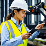 **

A professional female engineer, fully clothed in appropriate attire, wearing a hard hat and safety vest, inspecting machinery in a modern factory setting. The scene is well-lit with a focus on detail and clarity. Perfect anatomy, correct proportions, natural pose, well-formed hands, proper finger count, natural body proportions. Safe for work, appropriate content, professional, modest, family-friendly. High quality, professional photography.

**