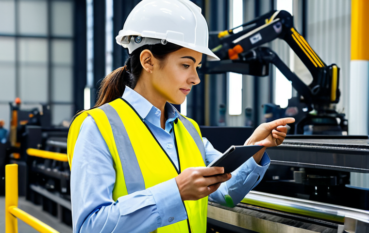 **

A professional female engineer, fully clothed in appropriate attire, wearing a hard hat and safety vest, inspecting machinery in a modern factory setting. The scene is well-lit with a focus on detail and clarity. Perfect anatomy, correct proportions, natural pose, well-formed hands, proper finger count, natural body proportions. Safe for work, appropriate content, professional, modest, family-friendly. High quality, professional photography.

**