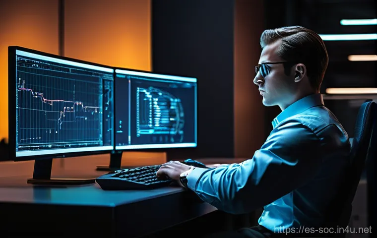 보안관제센터에서의 실시간 공격 대응 방법 - **Prompt 1: The Vigilant SOC Analyst**
    "A highly focused male cybersecurity analyst, in his late...
