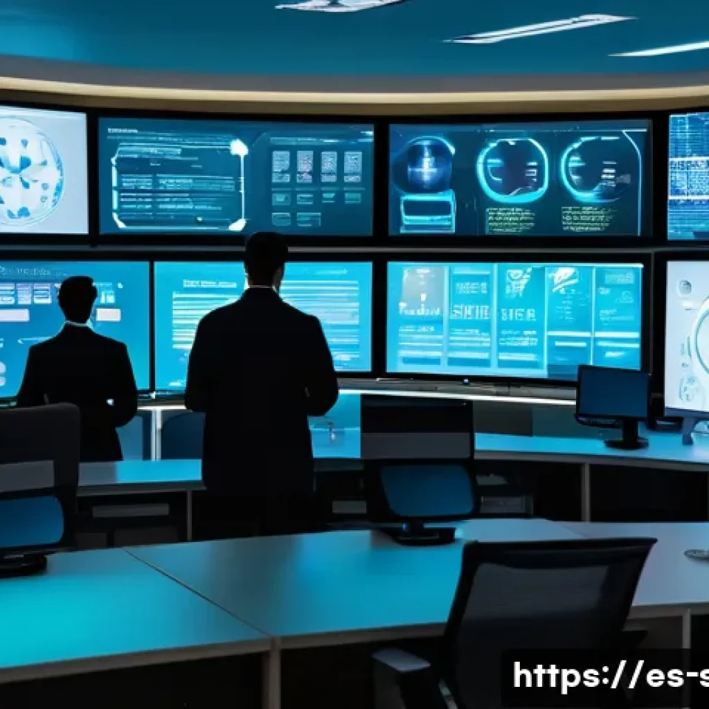 보안관제센터 관련 산업별 보안 요구사항 - A high-tech hospital security operations center (SOC) with diverse cybersecurity professionals monit...