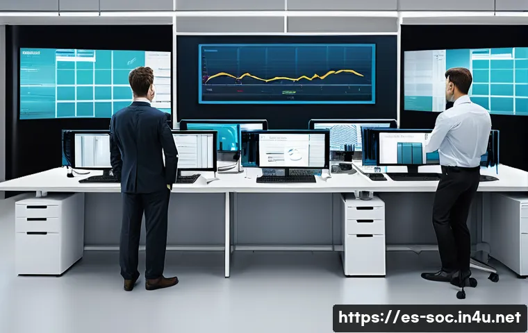 보안관제센터 근무 교대제 특징 - A detailed illustration of a diverse group of professionals working in a 24-hour monitoring center w...