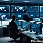 Home 21 보안관제 전문가와 클라우드 보안 사례 - A modern cybersecurity operations center in a sleek office environment, featuring diverse IT profess...