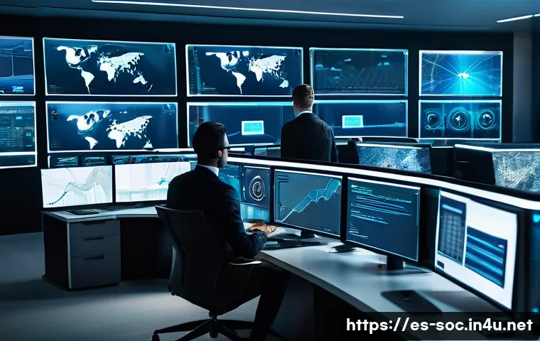 보안관제 전문가와 클라우드 보안 사례 - A modern cybersecurity operations center in a sleek office environment, featuring diverse IT profess...