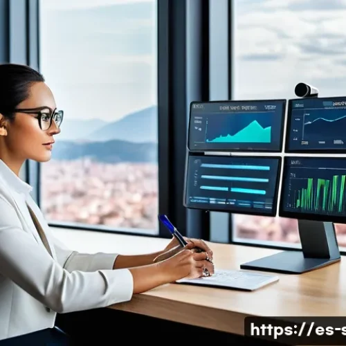 Home 32 보안관제 직업 만족도와 성장 가능성 - A modern cybersecurity analyst workspace in a high-tech office in Spain, featuring dual monitors dis...