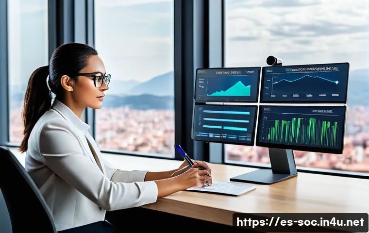 보안관제 직업 만족도와 성장 가능성 - A modern cybersecurity analyst workspace in a high-tech office in Spain, featuring dual monitors dis...