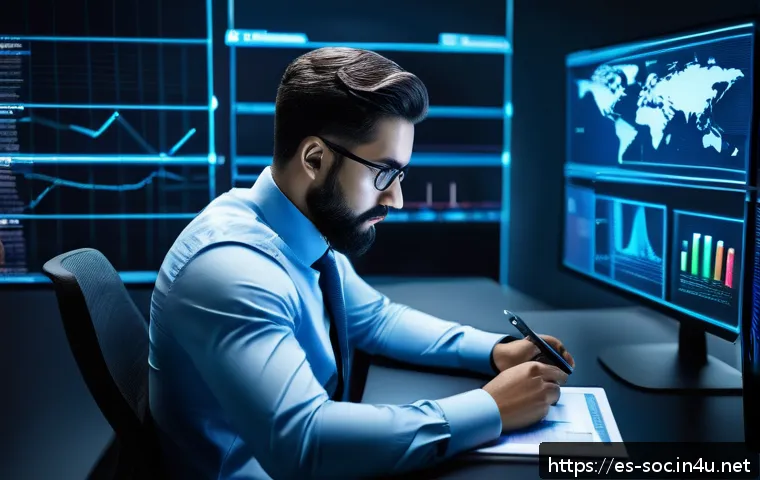 보안관제 실기 준비 요령 - A professional cybersecurity analyst in a modern office environment, intensely focused on multiple l...