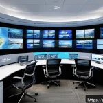 Home 23 보안관제센터 운영 절차 - A modern high-tech surveillance control room designed for a Spanish-speaking security team, featurin...