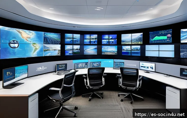보안관제센터 운영 절차 - A modern high-tech surveillance control room designed for a Spanish-speaking security team, featurin...