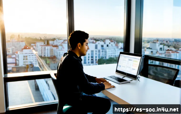 보안관제센터 인턴십 경험 후기 - Photorealistic cybersecurity operations center internship scene in a modern Spanish office, a young ...