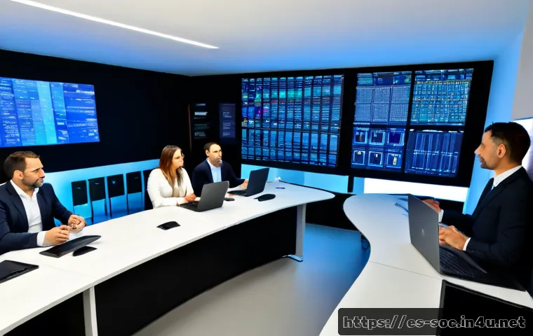 보안관제센터로의 전환 경로 - Photorealistic cybersecurity transformation meeting in a modern Madrid office, diverse Spanish-speak...