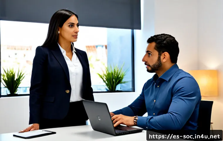 보안관제 경력직 면접 질문 대비 - Photorealistic cybersecurity operations job interview in a modern Madrid office, experienced Hispani...